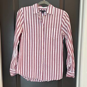 J. Crew muted burgundy and White Striped Button-Up Shirt size XS 100% cotton